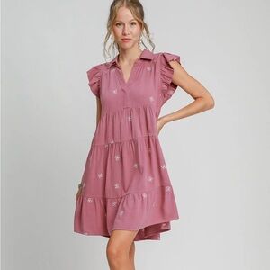 Umgee Ruffle Sleeve Tiered Dress in Dusty Rose